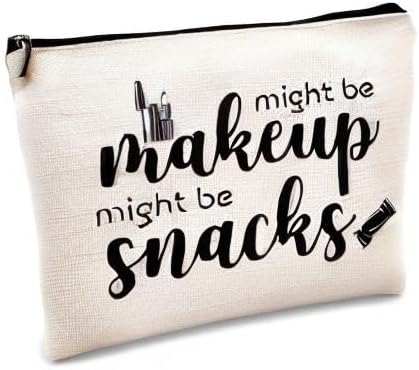 kdqua Novelty Cute Makeup Bag, Funny Quotes Might Be Makeup Might Be Snacks Linen Cosmetic Bag Zipper Pouch Travel Organizer Toiletry Bag, Humor Gift for Woman, Female Friend Birthday Gift Ideas