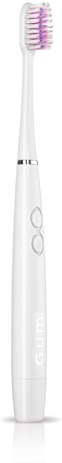 GUM Sonic Powered Toothbrush, Tapered Bristles Clean Below The Gumline, Bundle, White, 1 Handle(1ct) + 2 Refills(2ct. 1pk)