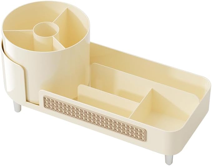 360° Countertop Swivel Cosmetic Organiser, Large Swivel Cosmetic Organiser With Brush Holder For Skincare, Perfume, Beauty Tools Display Case (Cream)