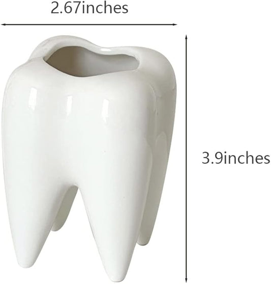 Tooth-Shaped Toothbrush Holder, Ceramic Toothbrush Holder Storage Bucket, Personalized Decoration, Tooth Brush Holder, Creative Birthday Gift, Desktop, Office Desk Decoration (White)