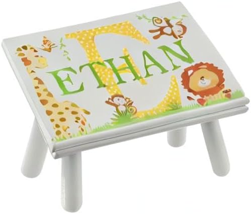 Let’s Make Memories Personalized My Own Name Step Stool - Children’s Step Stool - Sturdy Wood – Non-Toxic Paint, Sealer - Jungle Design - Gray - 14’Wx9.25”Lx8.75”H - Ages 3+
