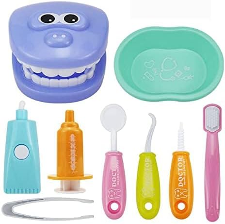 9PCS Plastic Simulation Dentist Play Set Medical Kit Pretend Toy for Kids Hygienic Habbit Cultivation Role Play Game for Children 6 Colors Simple OPP Bag Packaging (Mixed Color)