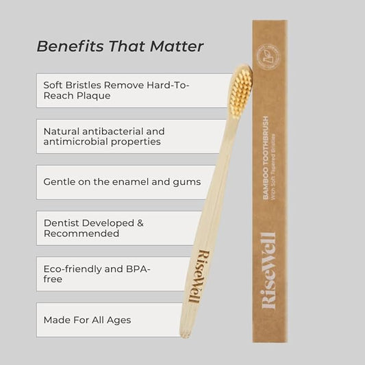 RiseWell Soft Bamboo Toothbrush – Soft Bristles for All Ages, BPA-Free, Sustainable, Natural Bamboo Handle, Made by Dentist Toothbrush