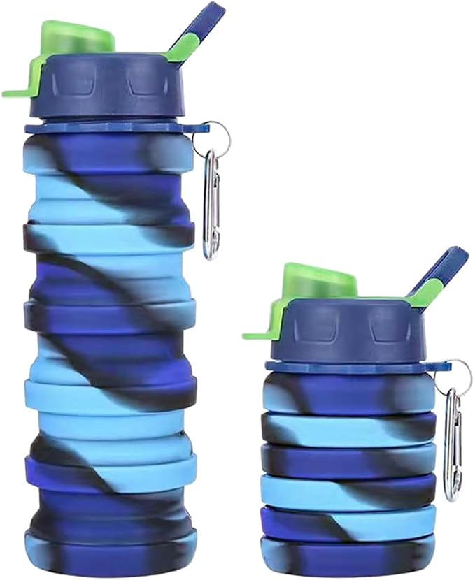 Silicone Collapsible Water Bottles, 16oz 500ml Portable Foldable Expandable Water Bottle Sports Cups, Leak Proof Reusable BPA Free, for Outdoor Activities Travel (2# Blue)