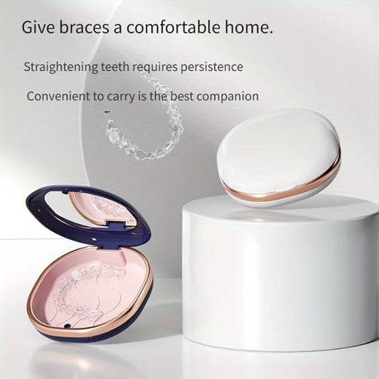 Denture Case with Mirror, Portable Retainer Case for Braces, Mouth Guards, Orthodontic Retainers, Compact, Stylish, and Travel-Friendly Denture Box (Navy blue)