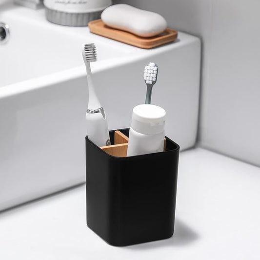 Bamboo Toothbrush Holder for Bathrooms, 3 Slots Toothbrush and Toothpaste Holder Bathroom Counter Organizer for Electric Toothbrushes, Floss, Razors, 2 Pack, Black
