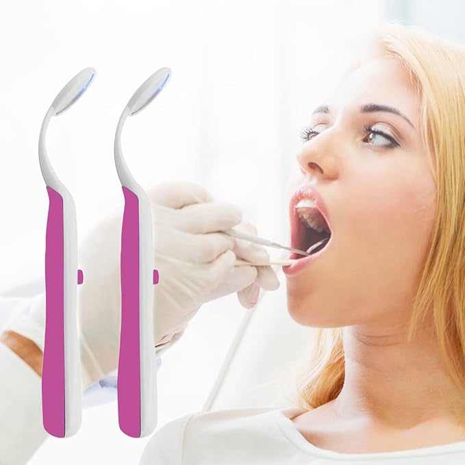 2 Pcs Dental Mirror with Light Tool LED Lighted Teeth Inspection Mirror Anti Fog Curve Angle Dentist Oral Care Tool (Red)