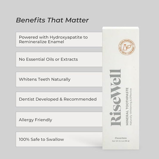 RiseWell Mineral Unflavored Toothpaste - Hydroxyapatite Flavorless Toothpaste - Made in The USA, Sensitive Teeth Whitening, No Added Fluoride, SLS-Free - Made by Dentists, 3.4 Oz (Pack of 2)