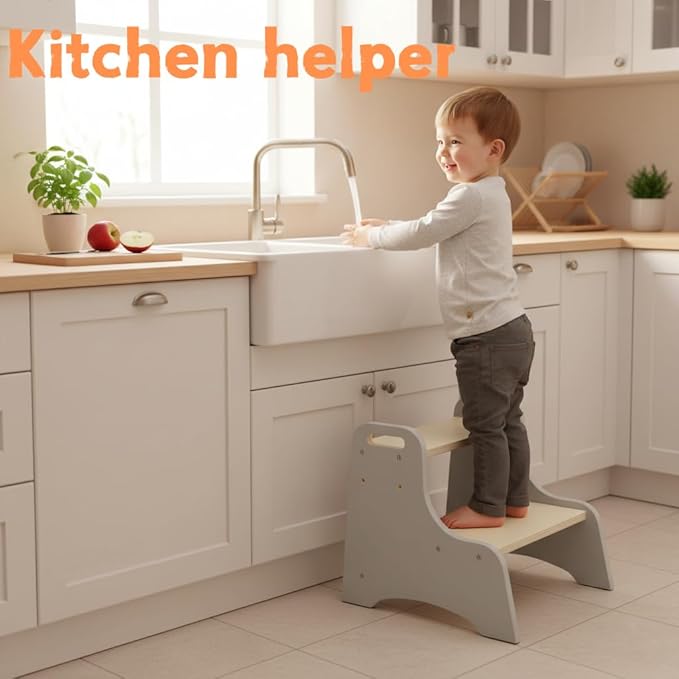 Toddler Step Stool, 2-Step Wooden Step Stool with Adjustable Hight, Sturdy 330lbs Capacity Kid Stool for Toddlers, Easy-Wipe Surface (Natural Grey)