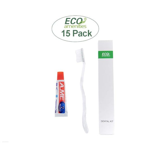 ECO Amenities 60 Pcs, 4-Piece Travel Size Toiletries Kit, Includes Small Bar Soap, 2 in 1 Hotel Shampoo and Conditioner Supplies for Guests, Body Lotion, Travel Toothbrush Set with Toothpaste, 15 Kits