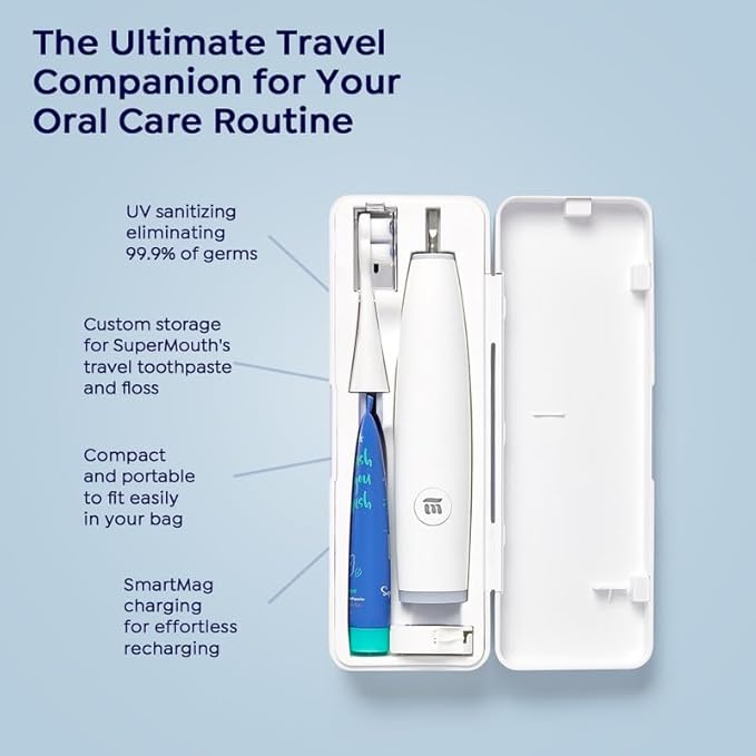 SuperMouth® Ultim8 Travel SmartCase™ - Compact Carrying Case for the SmartBrush™ - Portable UV Sanitizer - Travel-Friendly Oral Care Organizer for Toothbrush, Toothpaste & Floss - Sapphire Blue