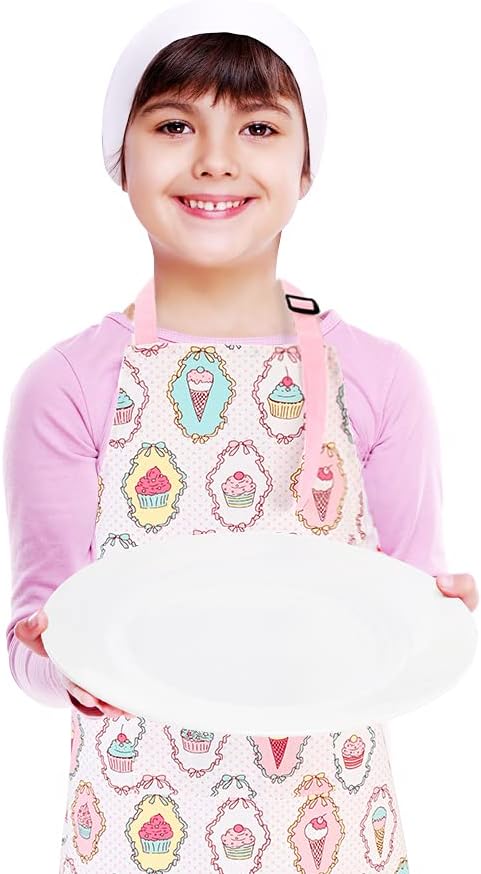 Kids Apron and Chef Hat Set, Adjustable Cotton Child Aprons with Large Pocket Cute Girls Boys Kitchen Bib Aprons for Cooking Baking Painting