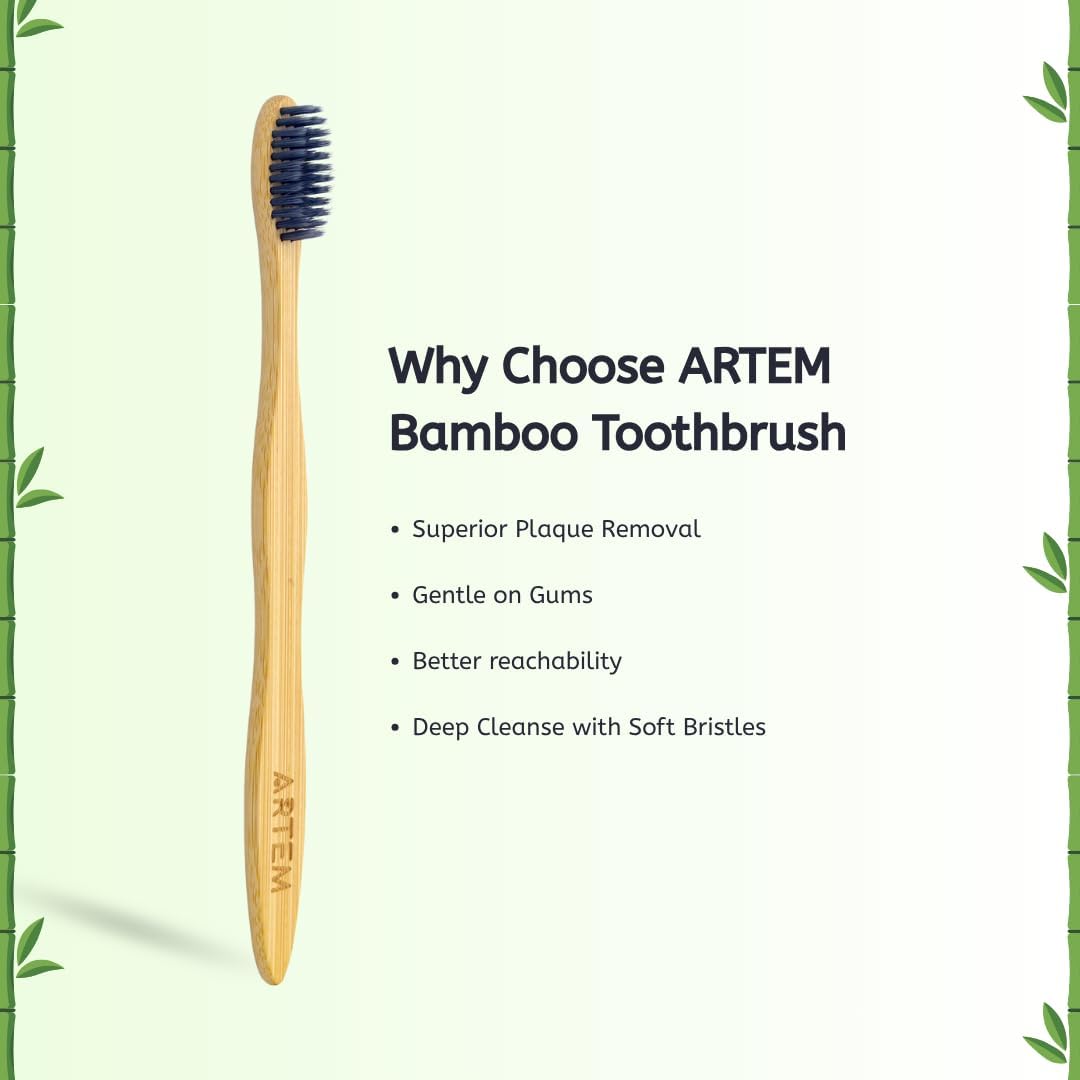 ARTEM Bamboo Toothbrush with Soft Bristles – Eco-Friendly, Biodegradable & Compostable – Natural Wooden Toothbrush for Adults & Kids – Plastic-Free Oral Care (Pack of 10)