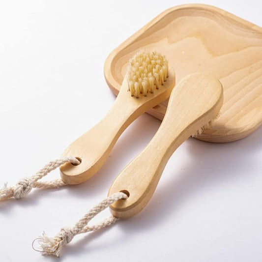 2 Pack Wood Handle Manual Face Facial Cleansing Brush, 5.7” Natural Boar Bristles Skin Care Exfoliating Scrub Brush.