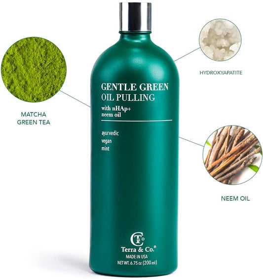 Terra & Co. Gentle Green Oil Pulling and Tongue Scraper | with Hydroxyapatite for Strong Enamel, Healthy Gums | Reduce Bad Breath