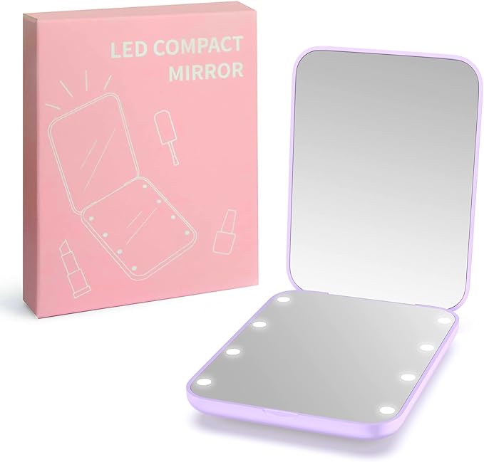 WOBSION Small Mirror with Lights,LED Compact Makeup Mirror,1x/3x Mini Travel Mirror with Magnification,Portable for Purse,Pocket,Gifts for Girls,Purple