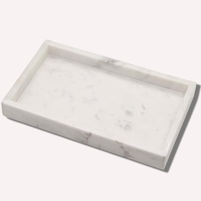 Natural White Marble Tray for Bathroom | Kitchen | Vanity | Desktop, Stone Organizer for Coffee Table, Dresser, Nightstand, Candles, Soap, Towel, Plant, Jewelry (12" x 8"), Rectangular
