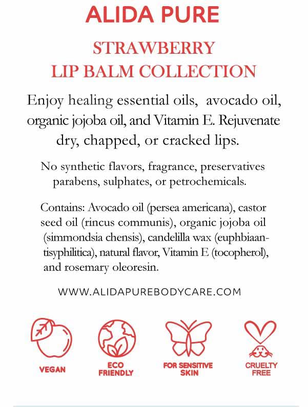 ALIDA PURE Strawberry Lip Balm Collection, Vegan, Lip Balm, Beeswax Free, with Avocado Oil, Organic Jojoba Oil, and Vitamin E, Natural Moisturizer for Dry, Chapped Lips, 3 Tube Set