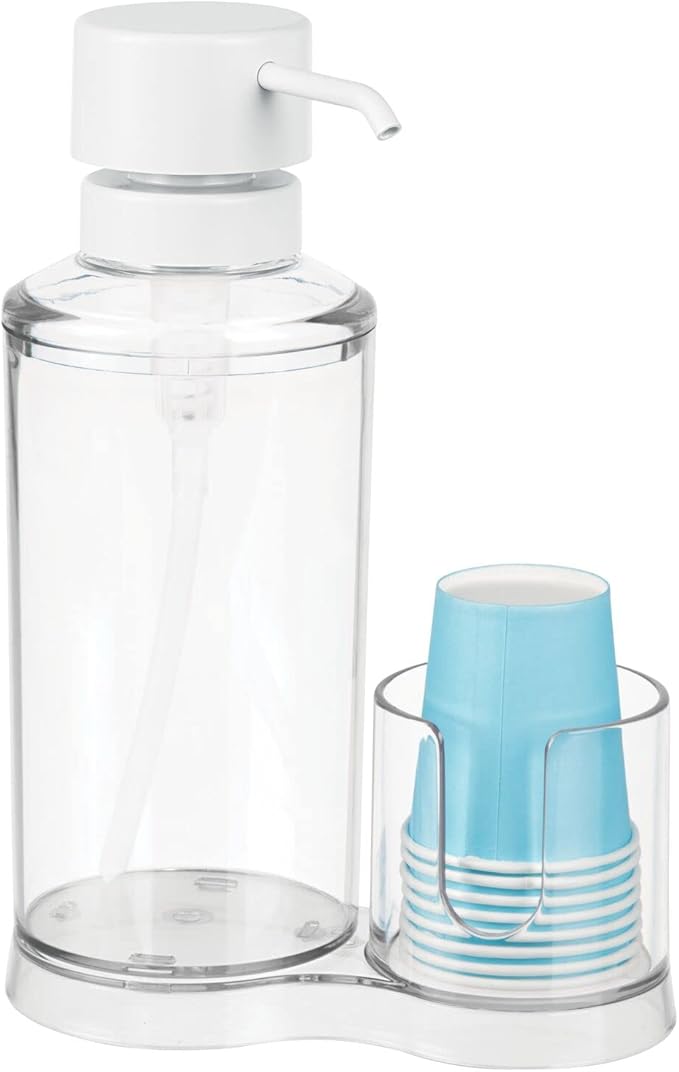 mDesign Plastic Refillable Mouthwash Dispenser and Cup Storage Organizer for Bathroom Vanity, Countertop, Cupboard - Includes 8 Paper Cups - Lumiere Collection - Clear/Matte White
