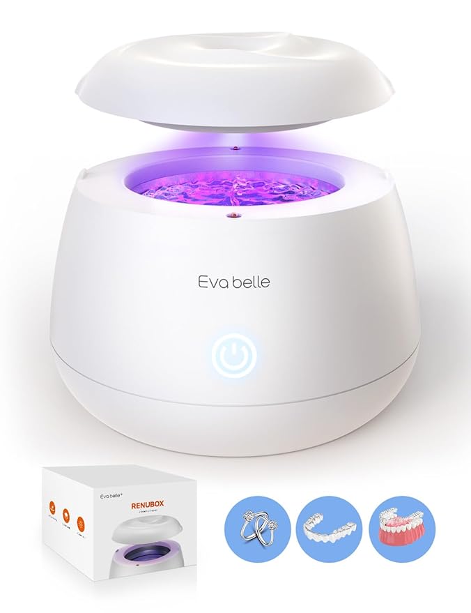 Ultrasonic Retainer Cleaner, EVA BELLE Rechargeable Denture Cleaner Machine, Tooth Cleaner MouthGuard Cleaner, Portable Retainer Cleaner for Night Guards, Braces, Aligner, Toothbrush, Jewelry and More