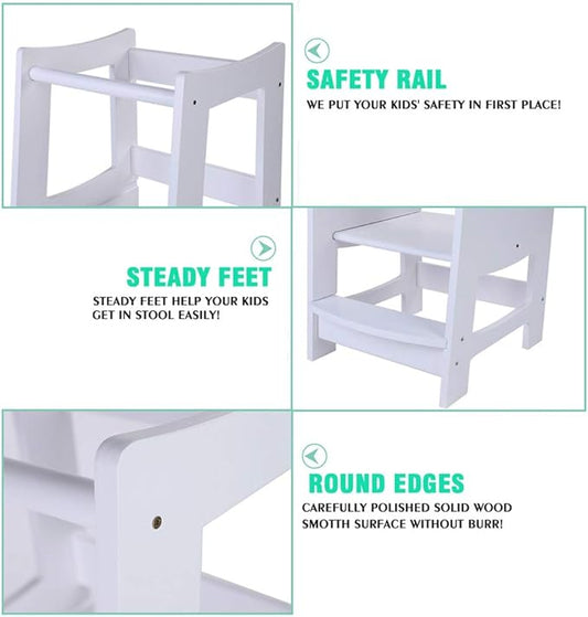 Toddlers Kitchen Step Stool with Safety Rail Kids Wooden Standing Tower for Kitchen Counter and Bathroom Sink, 3 Heights Adjustable Step Up Stool Mothers' Helper, Solid Wood Construction, White