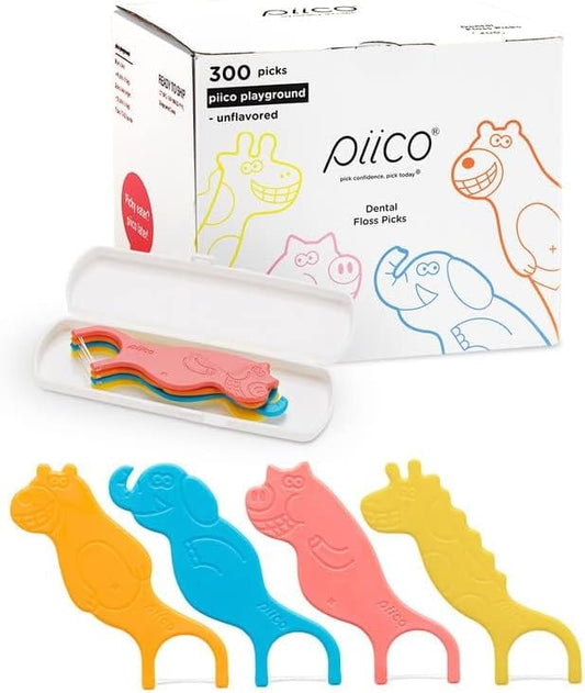 Piico Unflavored Kids Floss - No Fluoride Dual Line Dental Floss Picks - Fun Oral Care in Colorful Floss Sticks Design - Flossers Prevent Tooth Decay & Gum Disease - 300 Playground Zoo & Travel Case