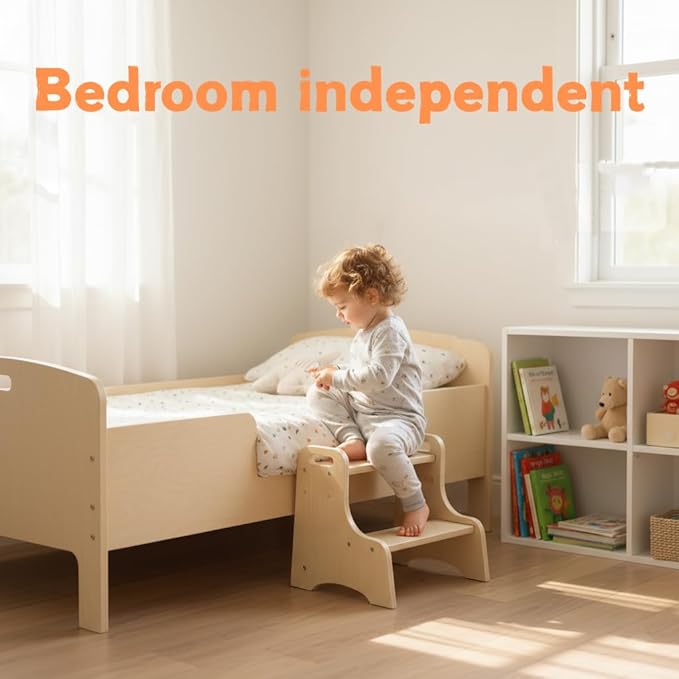 Toddler Step Stool, 2-Step Wooden Step Stool with Adjustable Hight, Sturdy 330lbs Capacity Kid Stool for Toddlers, Easy-Wipe Surface (Natural Wood)