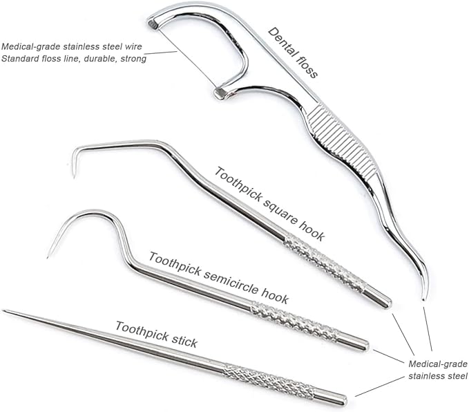 Toothpicks Pocket Set, Dental Floss Picks Kit Reusable, Stainless Steel Teeth Cleaning Tools, Tooth Picker Oral Hygiene Travel (1 Set)