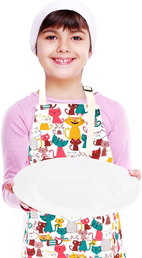 Kids Apron and Chef Hat Set, Adjustable Cotton Child Aprons with Large Pocket Cute Girls Boys Kitchen Bib Aprons for Cooking Baking Painting