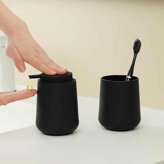 Matte Black Bathroom Accessories 2 Piece Set Plastic Soap Dispenser and Toothbrush Holder for Modern Bathroom Decor