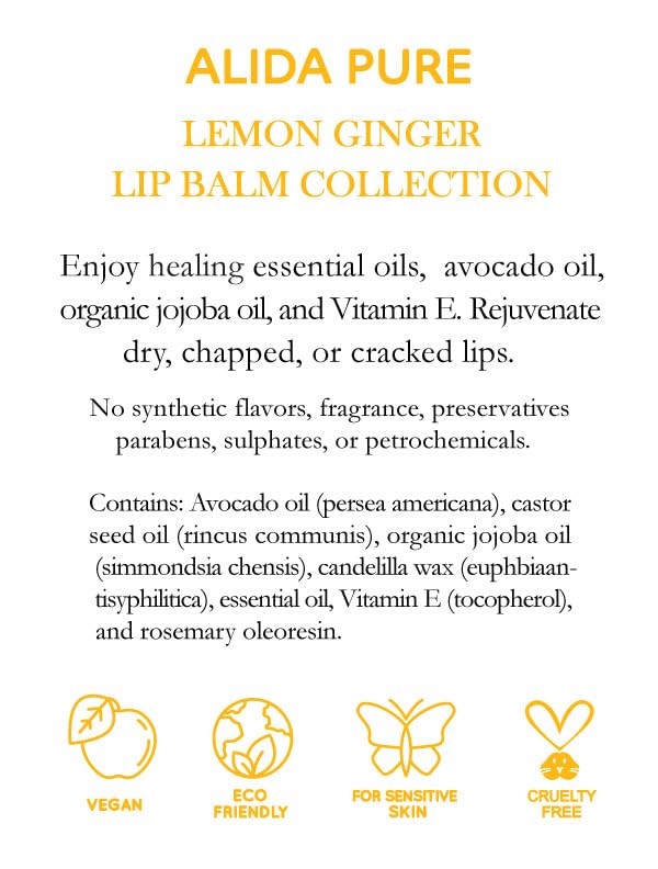 Lemon Ginger Lip Balm Collection, Vegan Set, Bees Wax Free, with Organic Jojoba and Avocado Oil, Vitamin E, Natural Moisturizer For Dry, Cracked, or Chapped Lips, 3 Tube Set