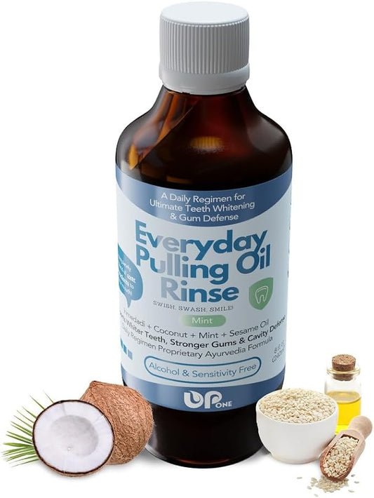 UpOne Whitening Oil Pulling Rinse - Unmatched 25+ Herb Oil Blend, Teeth Whitening Advanced Alcohol Free Ayurvedic Formula, Fresh Mint Flavor, Eliminates Bad Breath, Brighten Teeth Naturally - 8 fl. oz