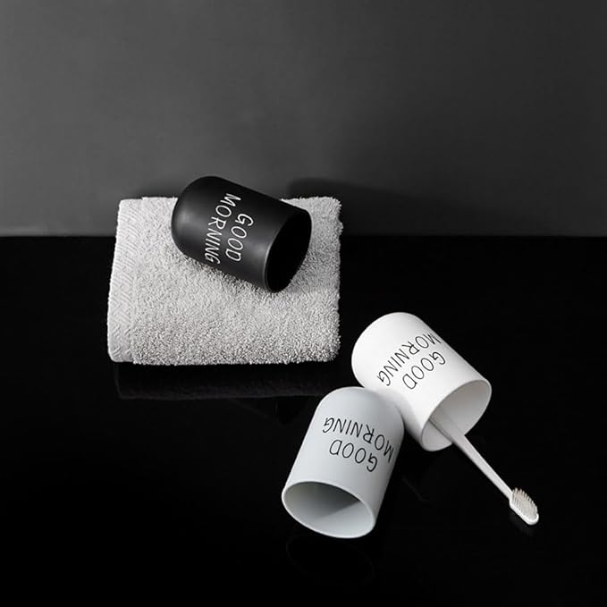 Minimalist Mouthwash Cup, 300ml Large Capacity,Black and White Colors, Good Morning Printed Design, Durable, Eco Friendly, Easy to Clean, Perfect for Bathroom and Travel (Black & White)