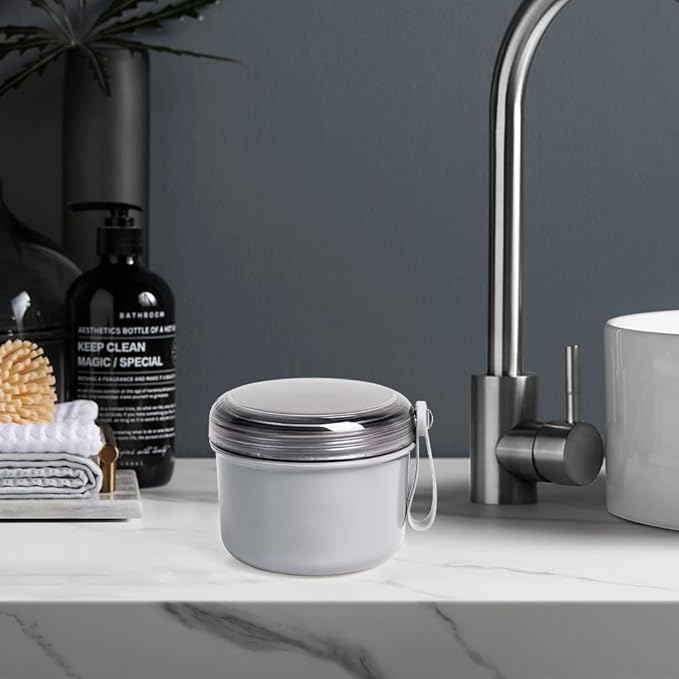 Large Denture Bath Cup No Leak Denture Case Retainer Cleaner Case Complete Cleaning Care Denture Clear and Retainer Denture Holder for Soaking (grey)