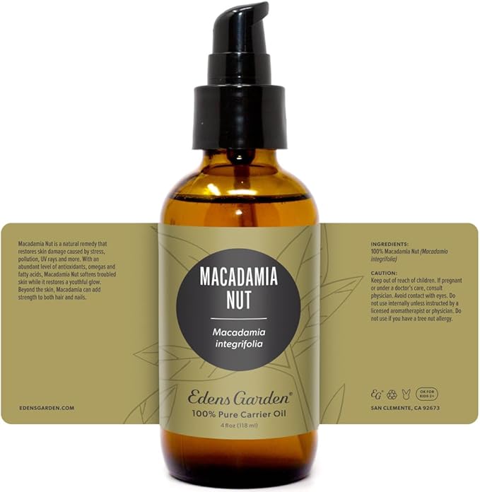 Edens Garden Macadamia Carrier Oil- 100% Pure Premium Cold Pressed & Hexane Free, Natural Moisturizer For Face, Skin, Body, Hair & Nails- Great For Diluting Essential Oils & DIY Soaps 118 ml (4 fl oz)