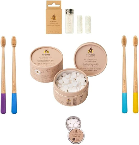 SuperBee Family kit with Dentos Toothpaste Tablets 300 tabs, Natural Floss, Soft Bristles Bamboo toothbrushes - Fluoride Free & Eco Friendly, Housewarming Gift Christmas Plastic Free