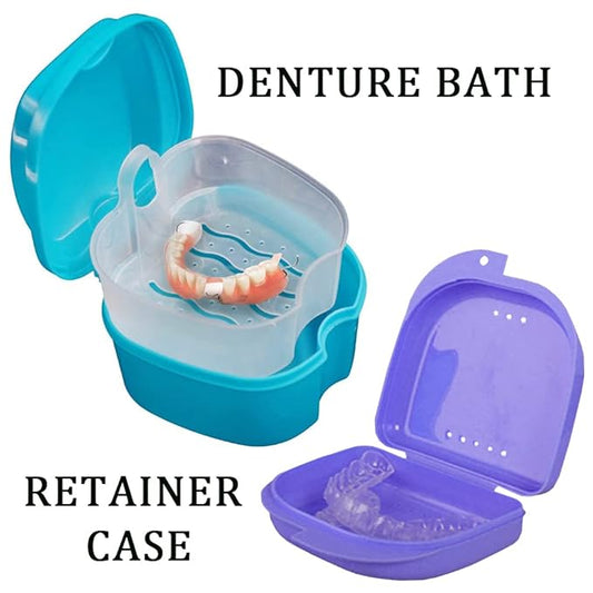 Denture Bath Case Cup with Denture Cleaner Brush & Retainer Holder Box, Complete Clean Care for Dentures, Clear Braces, Mouth Guard, Night Guard & Retainers,Traveling (Blue)