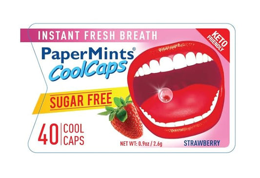 Papermints CoolCaps Breath Mints Sugar Free for Bad Breath Strawberry 24 pack – 960 mints. Extreme bad breath treatment for adults. Breath Freshener Sugar Free Mints.