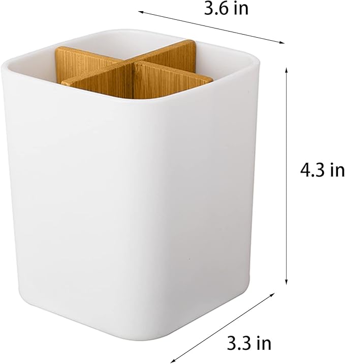 Bamboo Toothbrush Holder for Bathrooms, 4 Slots Toothbrush and Toothpaste Holder Bathroom Counter Organizer for Electric Toothbrushes, Floss, Razors - White