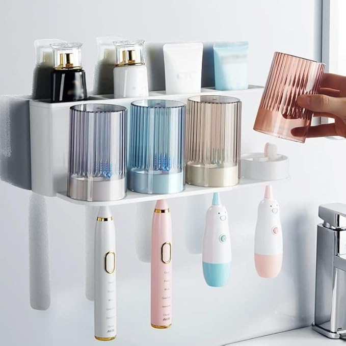 𝟐𝟎𝟐𝟓 𝐔𝐩𝐠𝐫𝐚𝐝𝐞𝐝 So Nice Toothbrush Holders for bathrooms Accessories Wall Mounted,Electric Shower Toothbrush Holder White Plastic toothbrushes Holder Set for Kids with 4 Cups