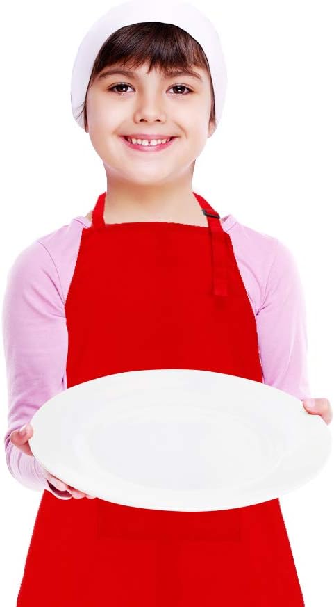 Kids Apron and Chef Hat Set, Adjustable Cotton Child Aprons with Large Pocket Red Girls Boys Kitchen Bib Aprons for Cooking Baking Painting