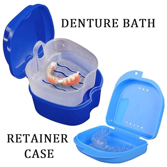 Denture Bath Case Cup with Denture Cleaner Brush & Retainer Holder Box, Complete Clean Care for Dentures, Clear Braces, Mouth Guard, Night Guard & Retainers,Traveling (Navy blue)