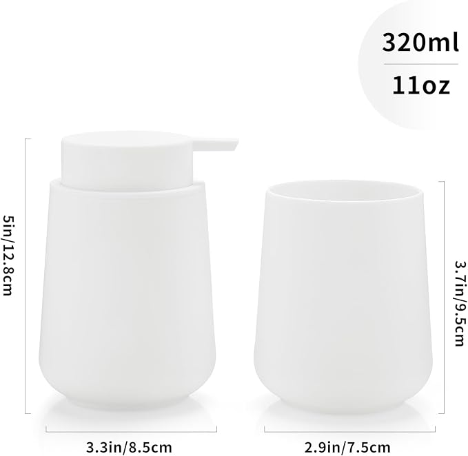Matte White Bathroom Accessories 2 Piece Set Plastic Soap Dispenser and Toothbrush Holder for Modern Bathroom Decor