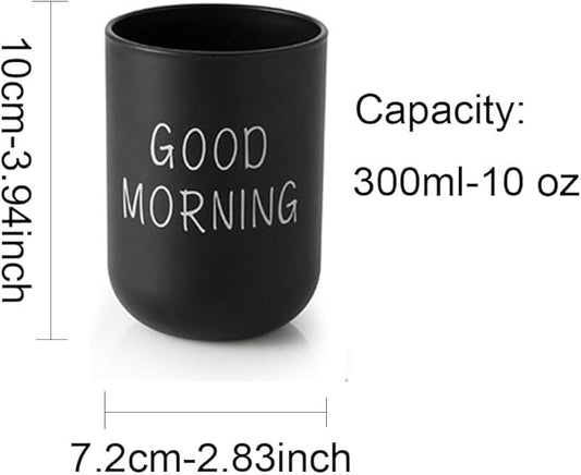 Minimalist Mouthwash Cup, 300ml Large Capacity,Black and White Colors, Good Morning Printed Design, Durable, Eco Friendly, Easy to Clean, Perfect for Bathroom and Travel (Black & White)