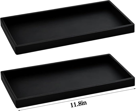2PCS 11.8” L x 5” W Silicone Soap Dispenser Tray, Bathroom Sink Vanity Trays for Dresser Tops, Toilet, Small Black Tray for Scrubber, Lotion Bottles, Perfume, Jewelry, Candle, Key Trinket Ring-Black