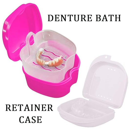Denture Bath Case Cup with Denture Cleaner Brush & Retainer Holder Box, Complete Clean Care for Dentures, Clear Braces, Mouth Guard, Night Guard & Retainers,Traveling (Pink)