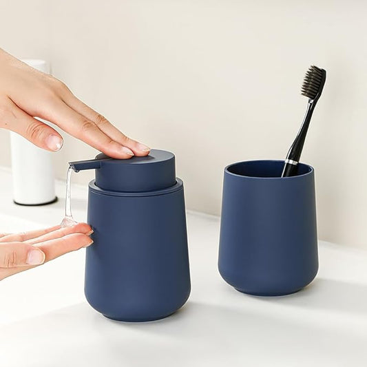 Matte Navy Blue Bathroom Accessories 2 Piece Set Plastic Soap Dispenser and Toothbrush Holder for Modern Bathroom Decor