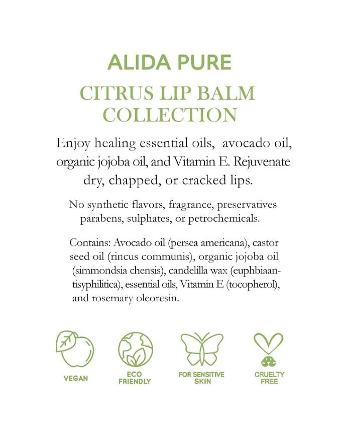 Citrus Lip Balm Collection, Vegan Set, Bees Wax Free, Coconut Oil Free, with Organic Jojoba and Avocado Oil, Vitamin E, Natural Moisturizer For Dry Cracked Lips, 3 Tube Set