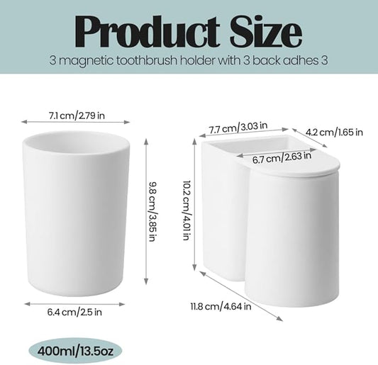3 Pcs Toothbrush Holder Wall Mounted with Cup, 2-in-1 Toothbrush Holders for Bathroom, Hanging Toothbrush Cup Holder Without Drilling, Magnetic Space-Saving Toothbrush Organizer for Family (3Pcs)
