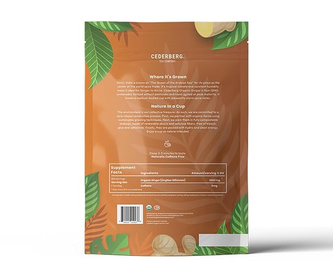Organic Ginger Tea — 100 Tea Bags | Organic Herbal Tea From Single Origin | Eco-Friendly | Non-GMO Caffeine Free | Cederberg Tea Company.